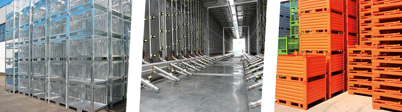Sall painted steel stillages and mesh stillages before painting and painting plant