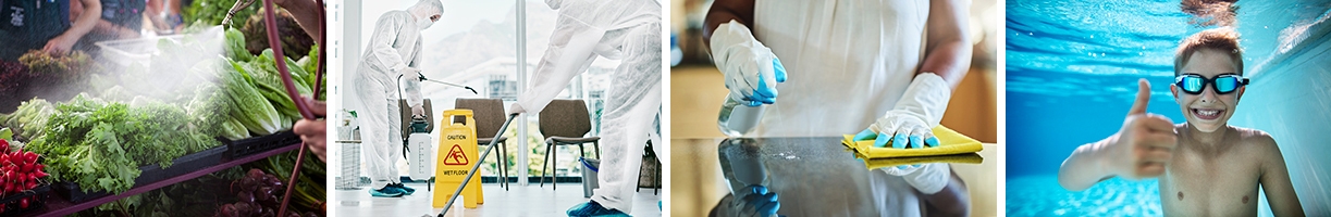 food cleaning, industrial cleaners, cleaning a surface, child in pool giving thumbs up to camera